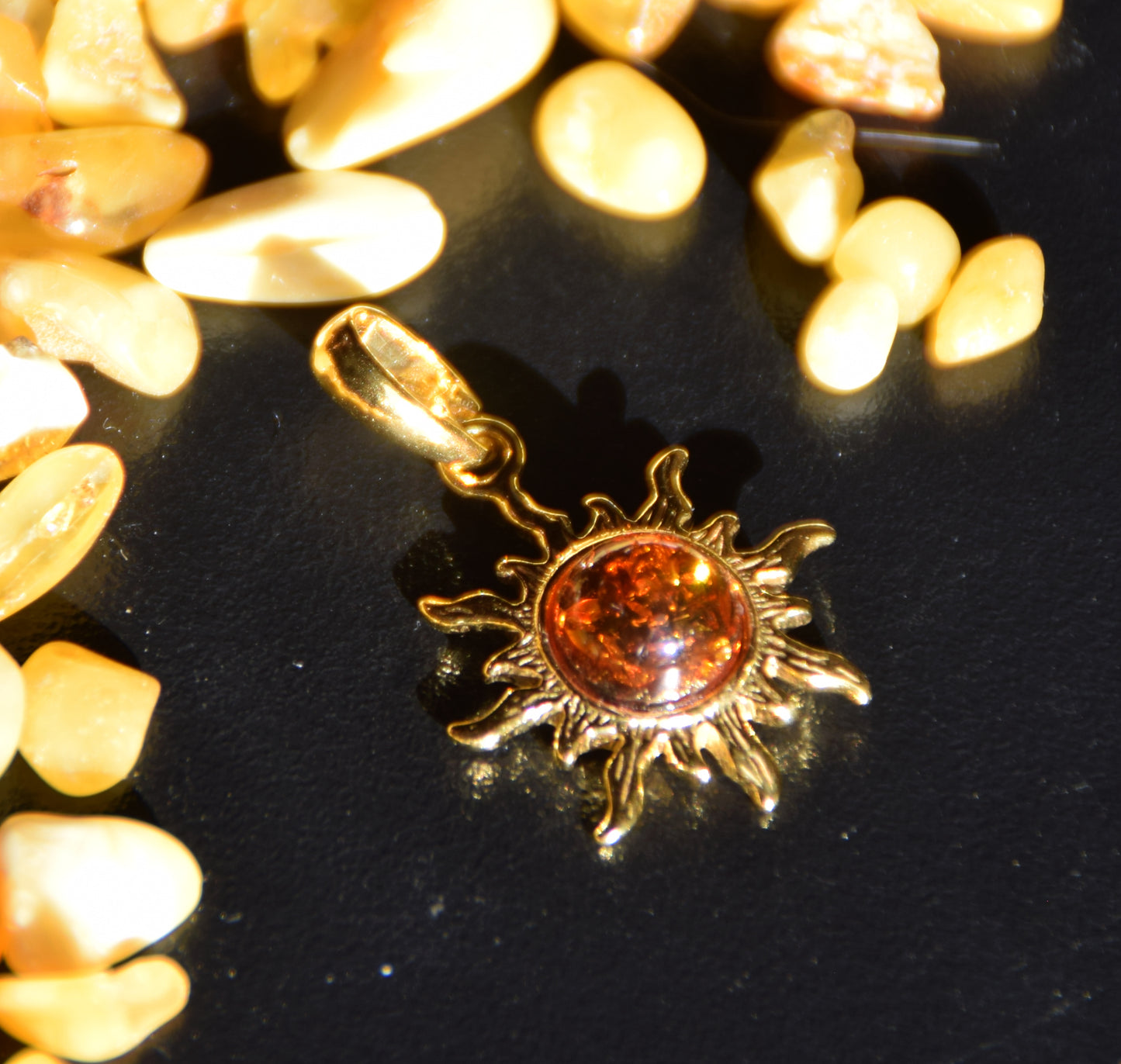 Sun pendant with natural cognac Amber and 18k Gold plated Silver, MJ Baltica, BZW042