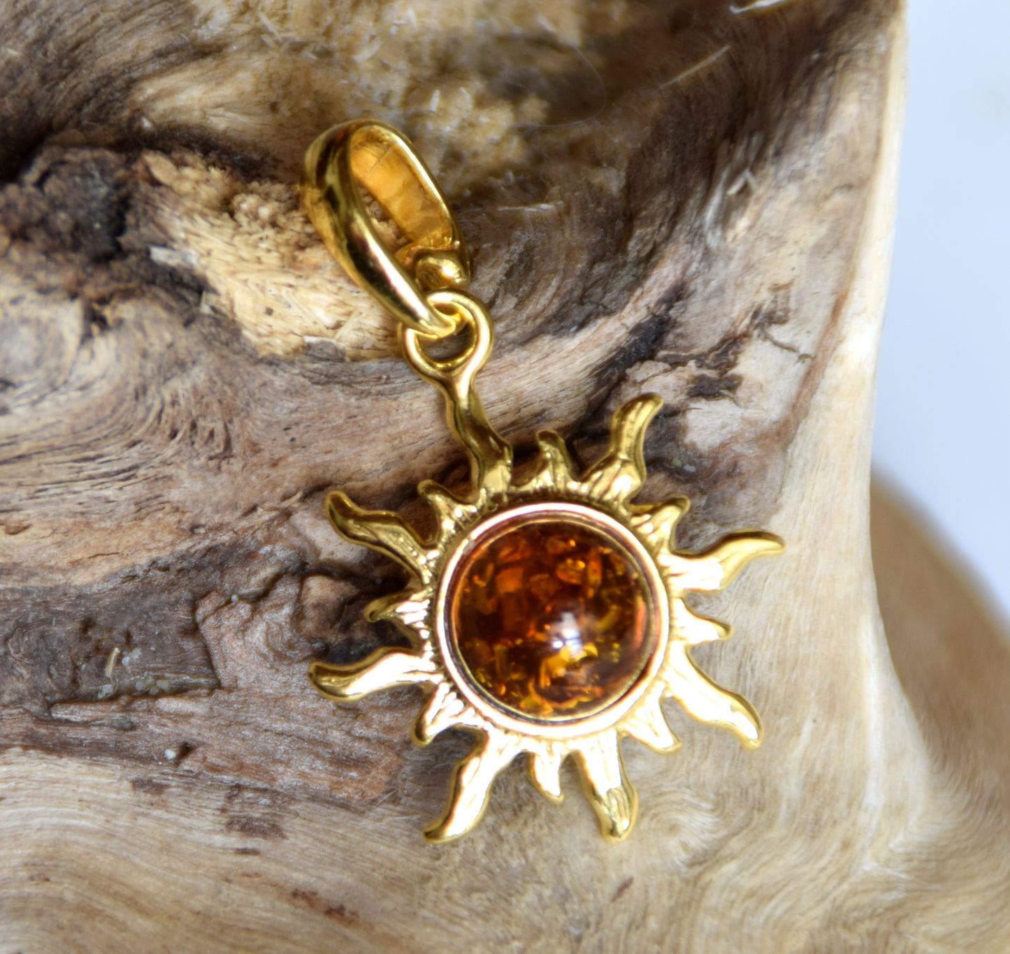 Sun pendant with natural cognac Amber and 18k Gold plated Silver, MJ Baltica, BZW042