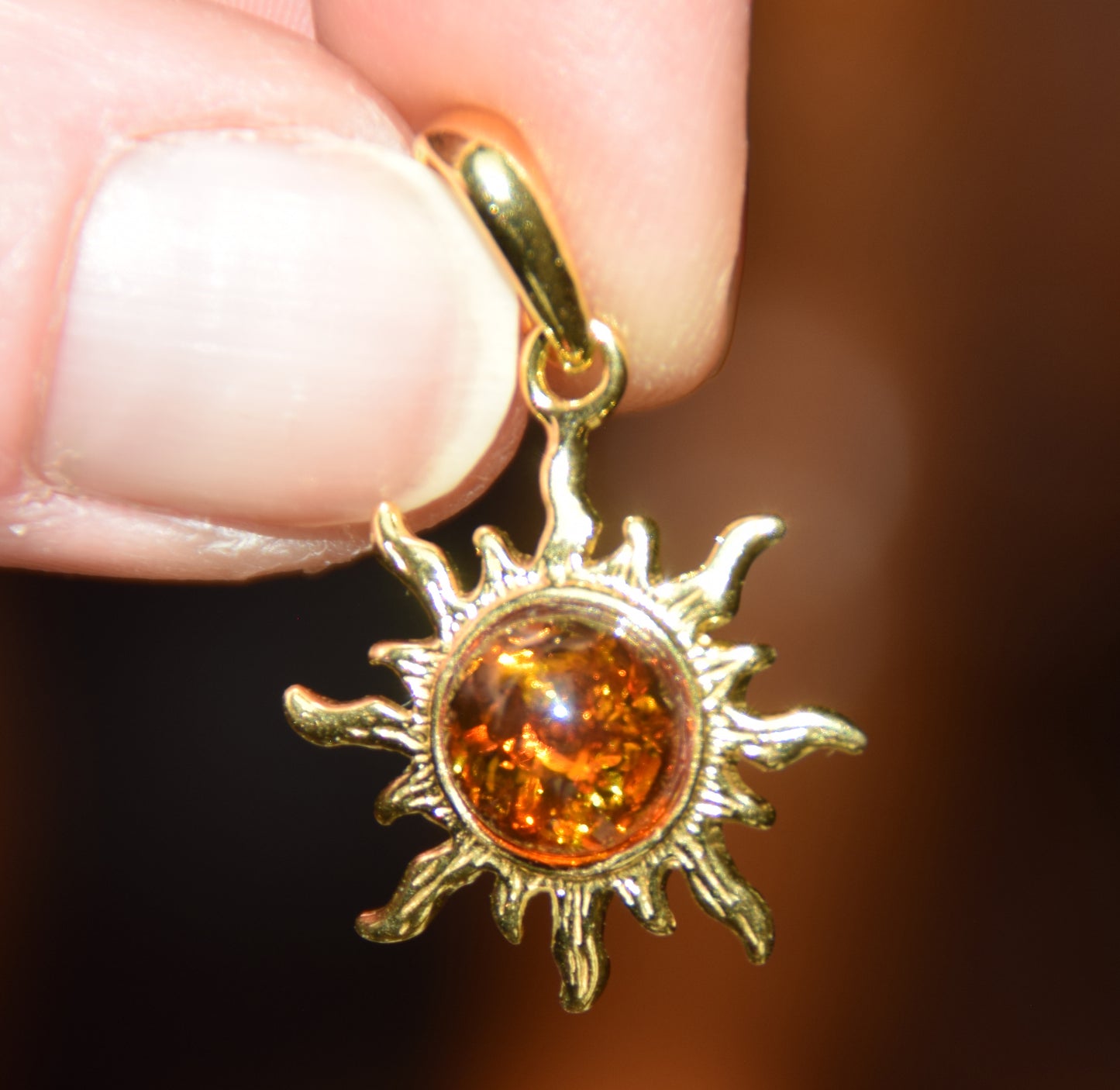 Sun pendant with natural cognac Amber and 18k Gold plated Silver, MJ Baltica, BZW042