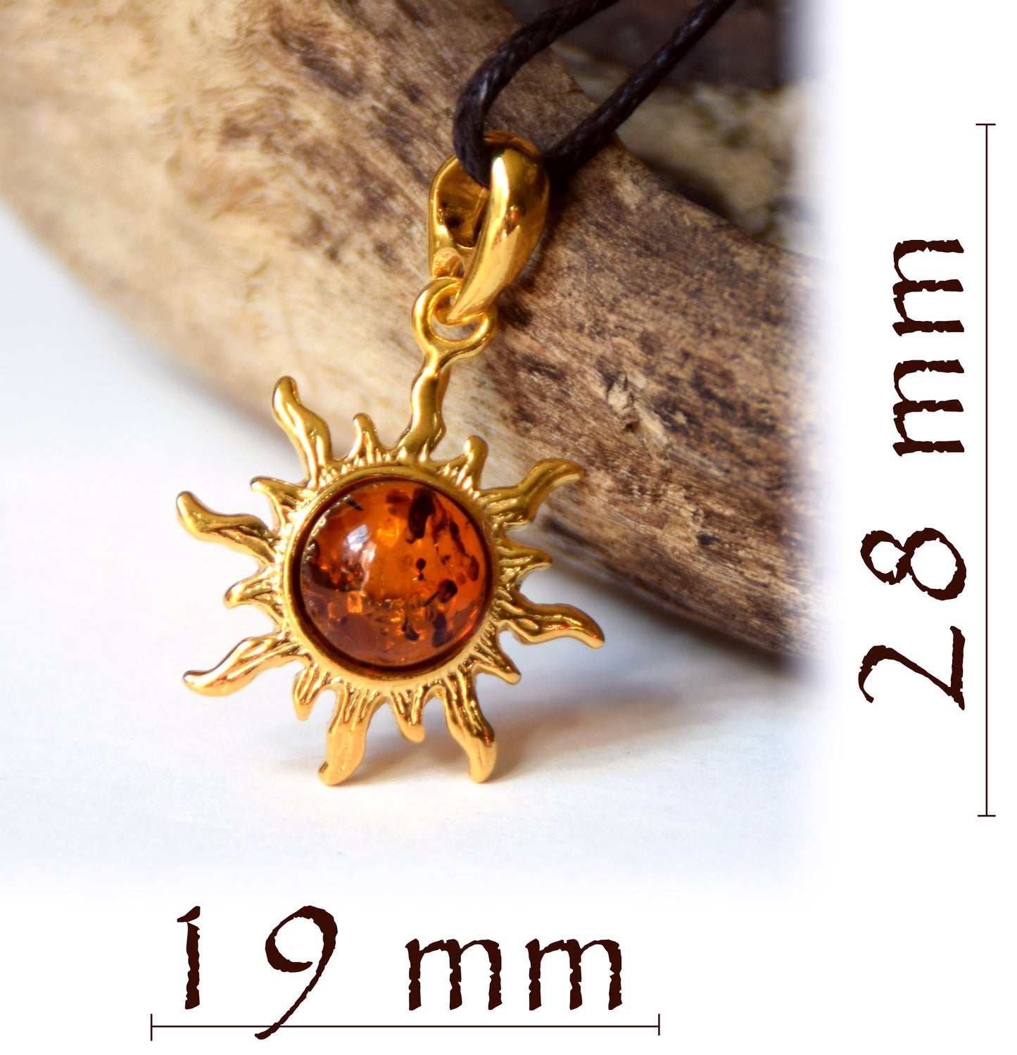 Sun pendant with natural cognac Amber and 18k Gold plated Silver, MJ Baltica, BZW042