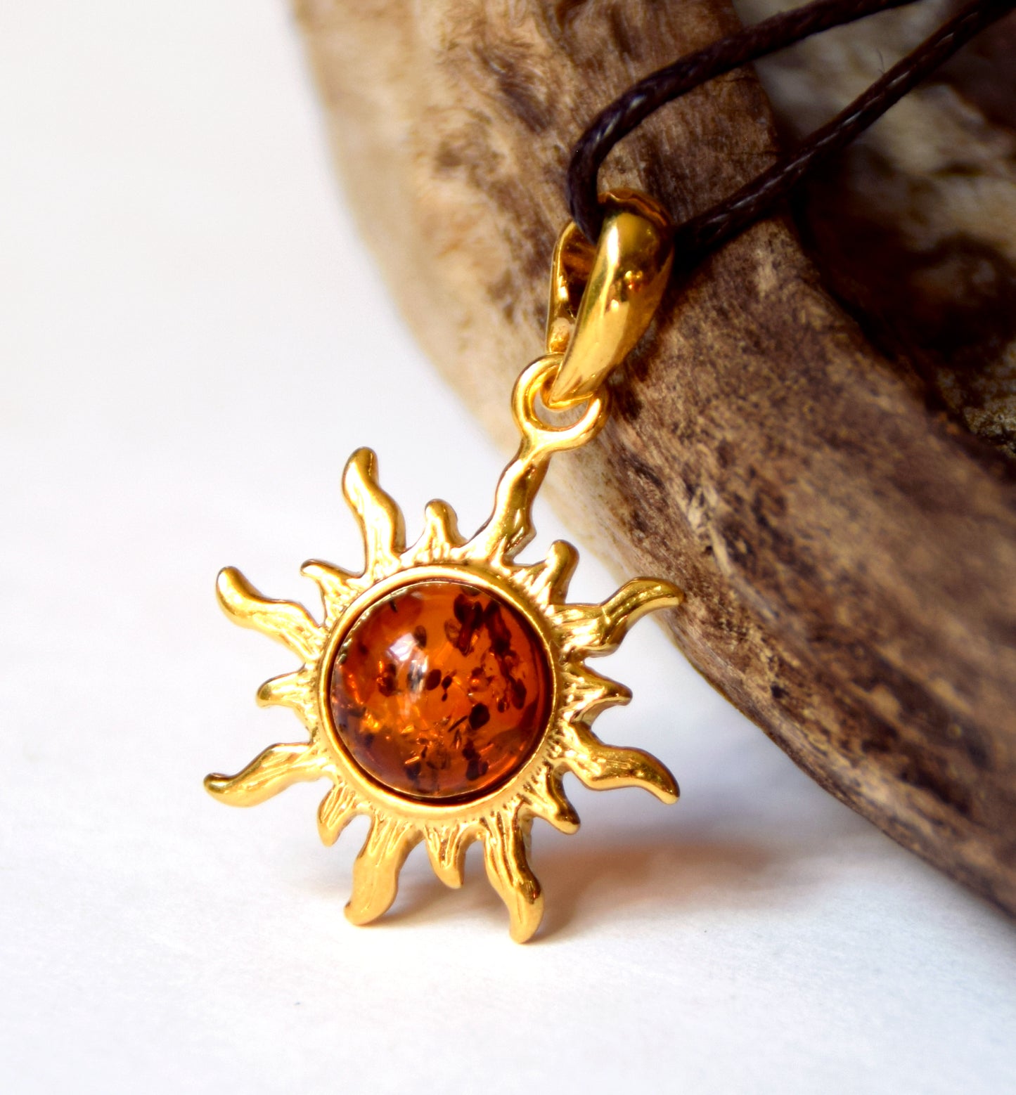 Sun pendant with natural cognac Amber and 18k Gold plated Silver, MJ Baltica, BZW042