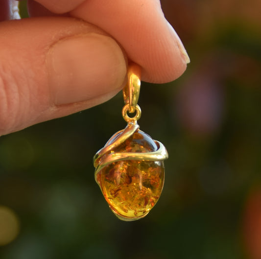 MJ Baltica, ciondolo, Ambra naturale Baltica, Argento 925, Placcato in Oro 18k, ovale, elegante, classico, BZW048