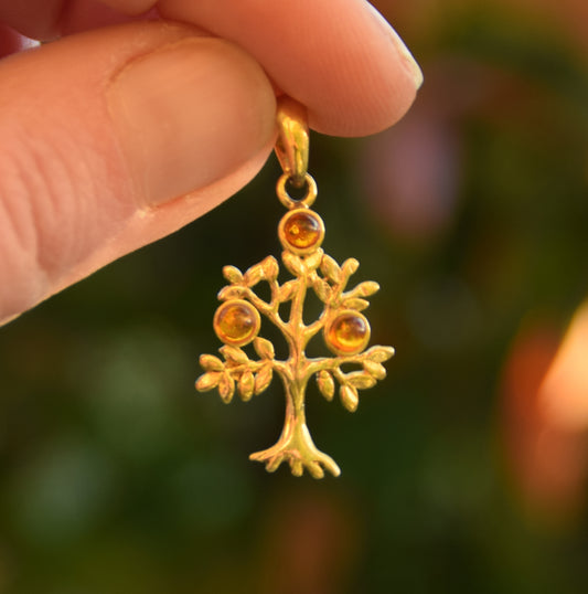 MJ Baltica, ciondolo, Ambra naturale Baltica, Argento 925, Placcato in Oro 18k, Albero della Vita, BZW052