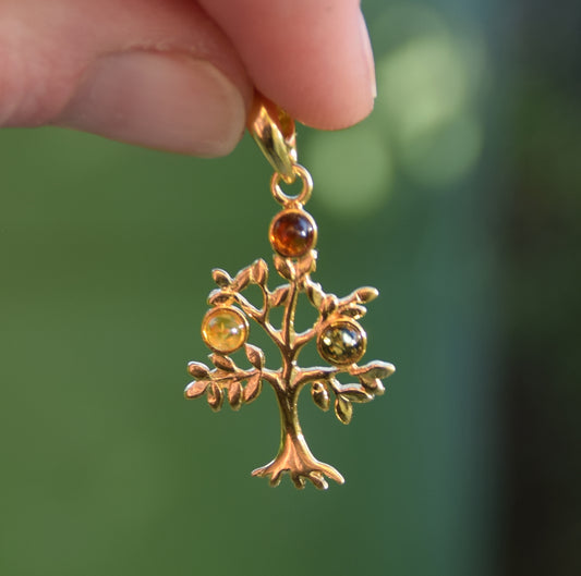 MJ Baltica, ciondolo, Ambra naturale Baltica, Argento 925, Placcato in Oro 18k, Albero della vita, multicolore, BZW053