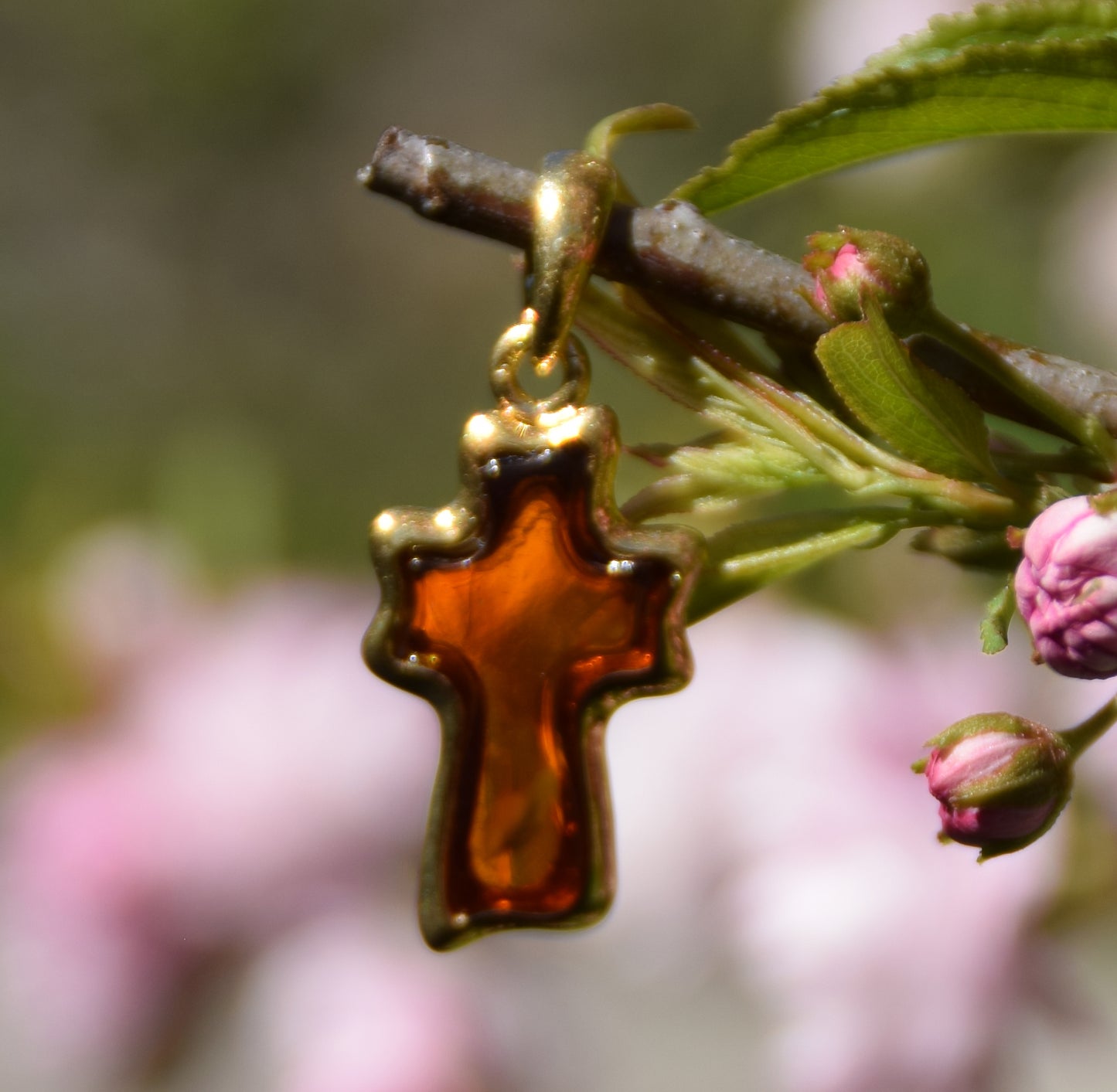 Cognac-colored natural amber carved cross pendant with 18k gold-plated 925 sterling silver, MJ Baltica, BZW056