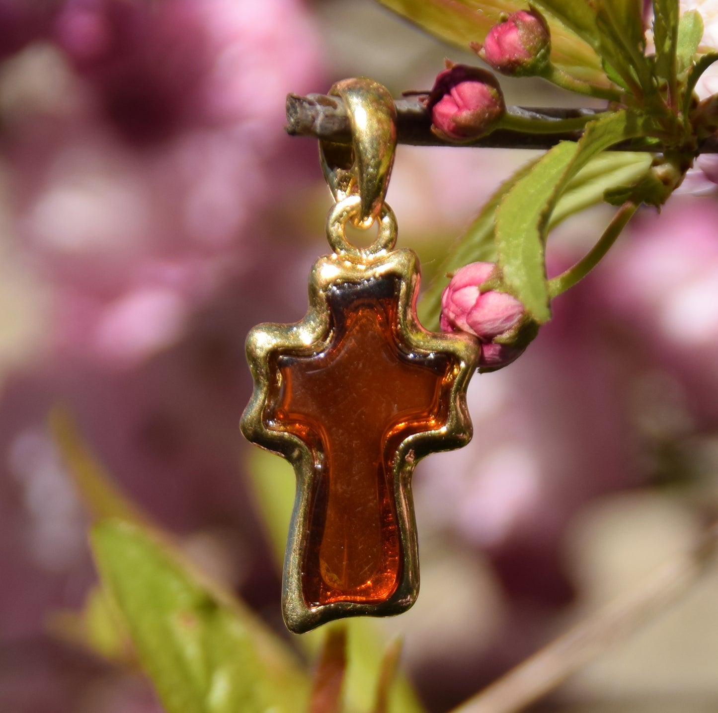 Cognac-colored natural amber carved cross pendant with 18k gold-plated 925 sterling silver, MJ Baltica, BZW056