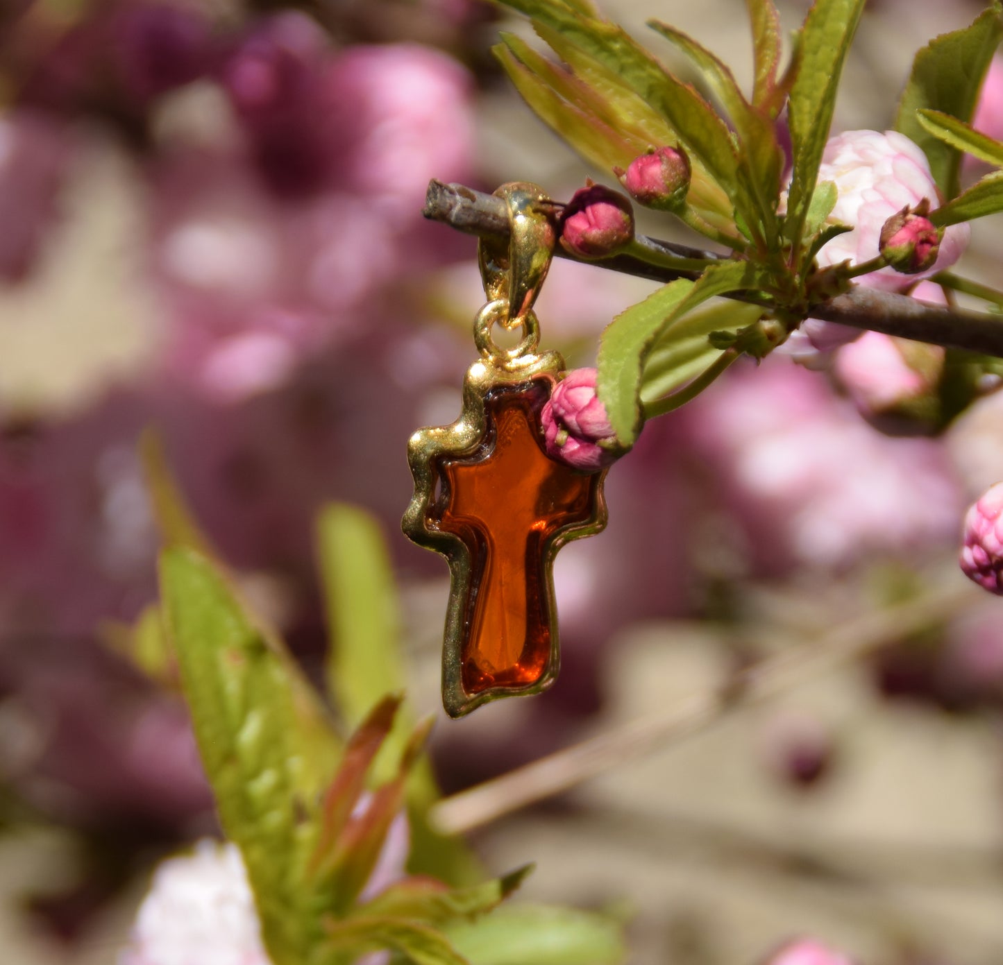 Cognac-colored natural amber carved cross pendant with 18k gold-plated 925 sterling silver, MJ Baltica, BZW056