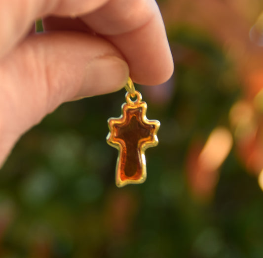 Cognac-colored natural amber carved cross pendant with 18k gold-plated 925 sterling silver, MJ Baltica, BZW056