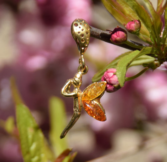 MJ Baltica, ciondolo, Ambra naturale Baltica, Argento 925, Placcato in Oro 18k, delicato, artigianale, fatina, BZW063