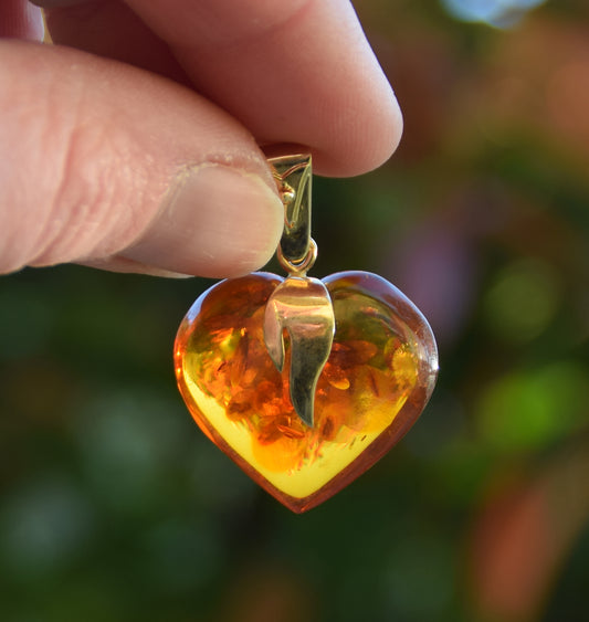 MJ Baltica, ciondolo grande Cuore, Ambra naturale, Argento, placcato Oro 18k, cuore, fiamma, BZW072