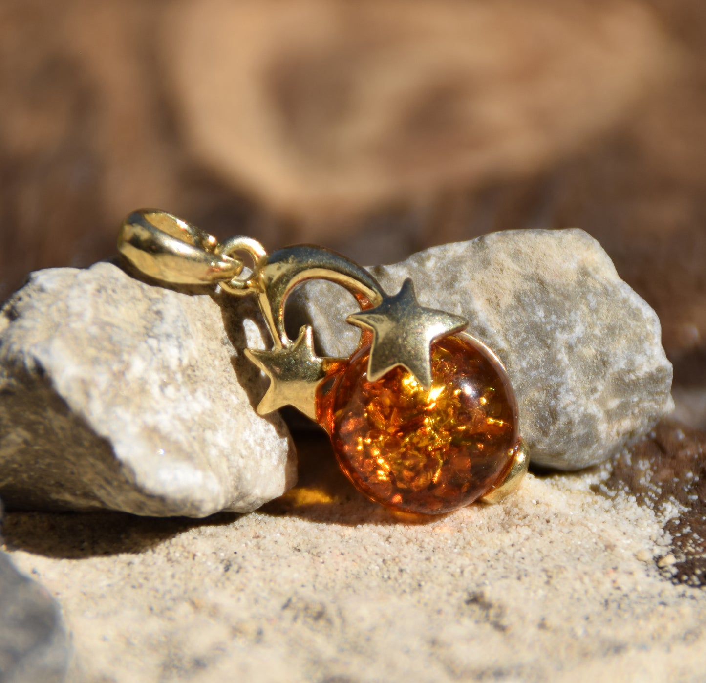Cognac natural Amber and 18k Gold-plated 925 Sterling Silver moon and stars pendant, MJ Baltica, BZW074