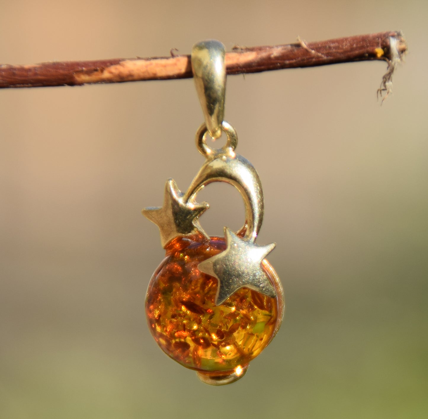 Cognac natural Amber and 18k Gold-plated 925 Sterling Silver moon and stars pendant, MJ Baltica, BZW074