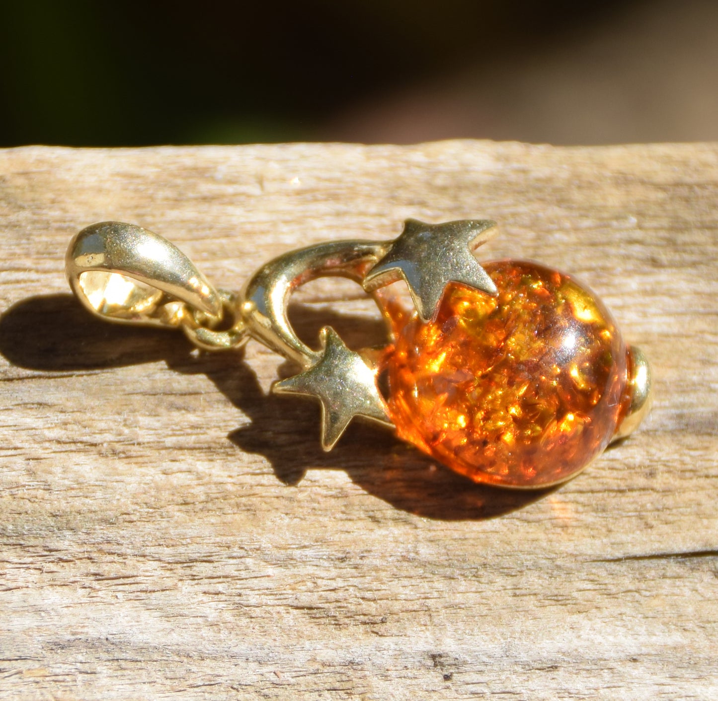 Cognac natural Amber and 18k Gold-plated 925 Sterling Silver moon and stars pendant, MJ Baltica, BZW074