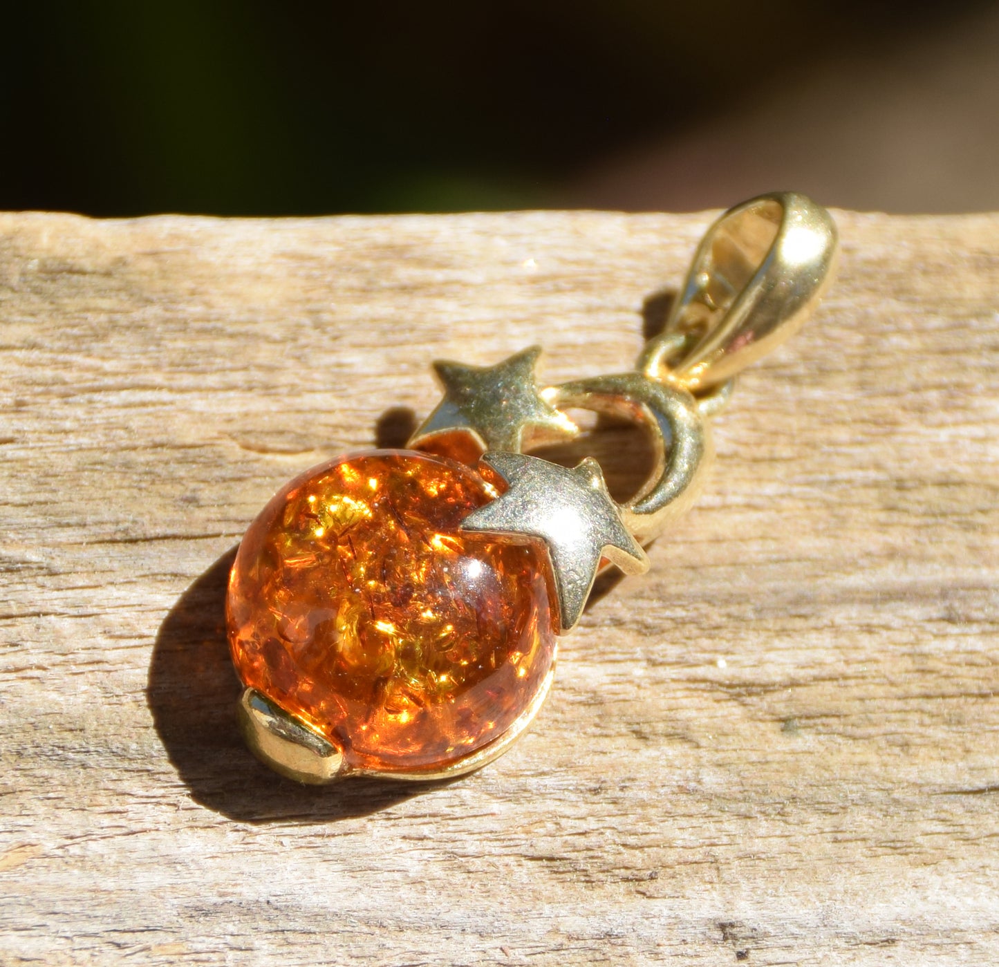 Cognac natural Amber and 18k Gold-plated 925 Sterling Silver moon and stars pendant, MJ Baltica, BZW074