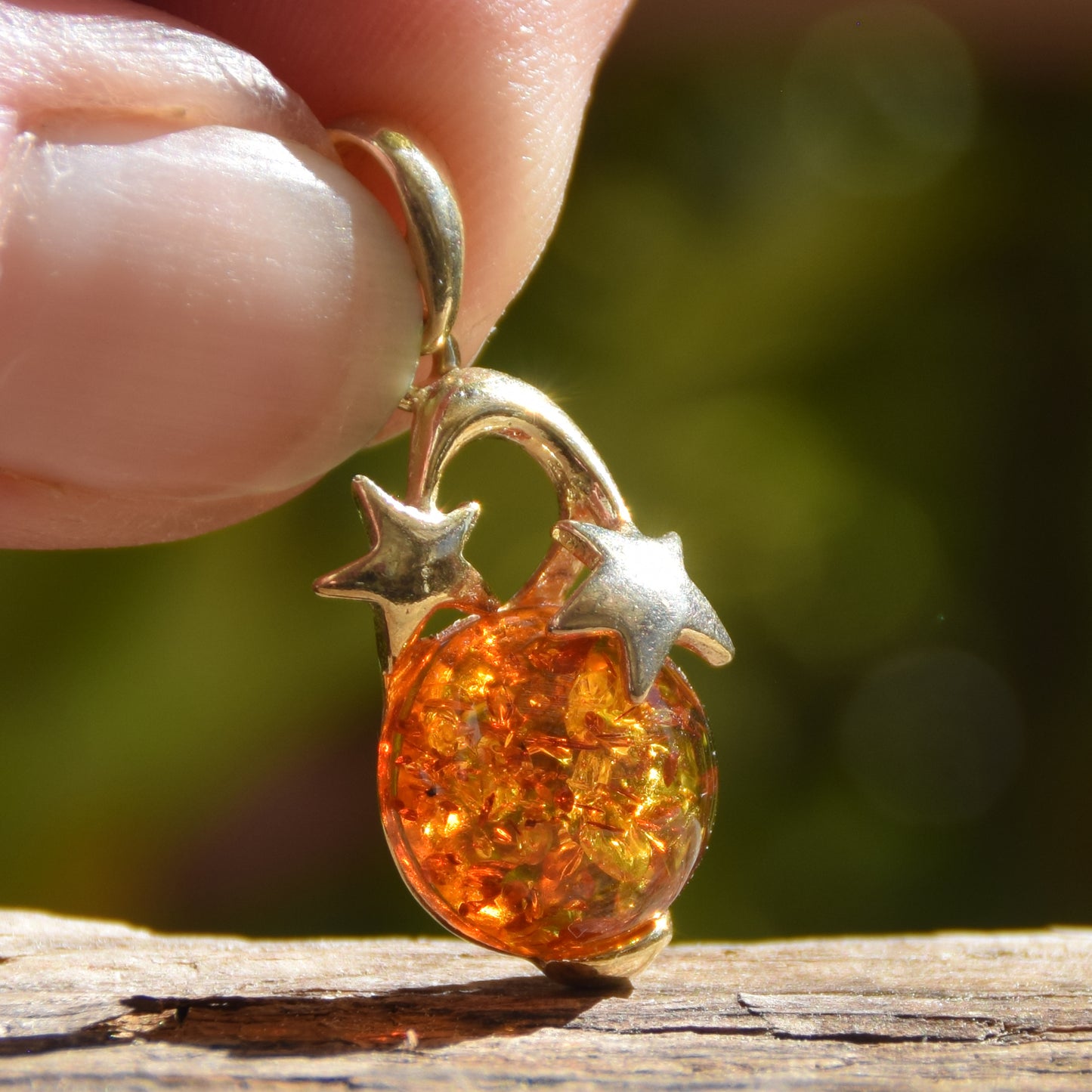 Cognac natural Amber and 18k Gold-plated 925 Sterling Silver moon and stars pendant, MJ Baltica, BZW074