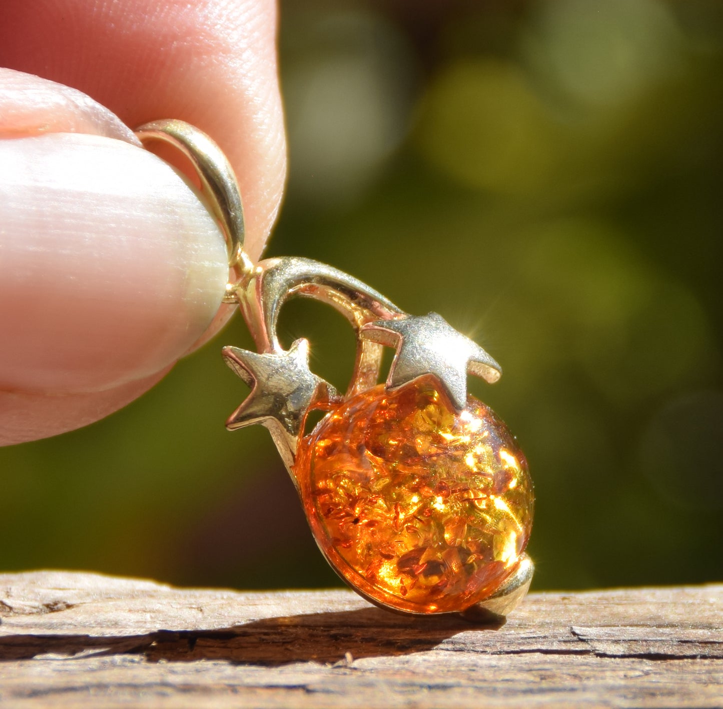 Cognac natural Amber and 18k Gold-plated 925 Sterling Silver moon and stars pendant, MJ Baltica, BZW074