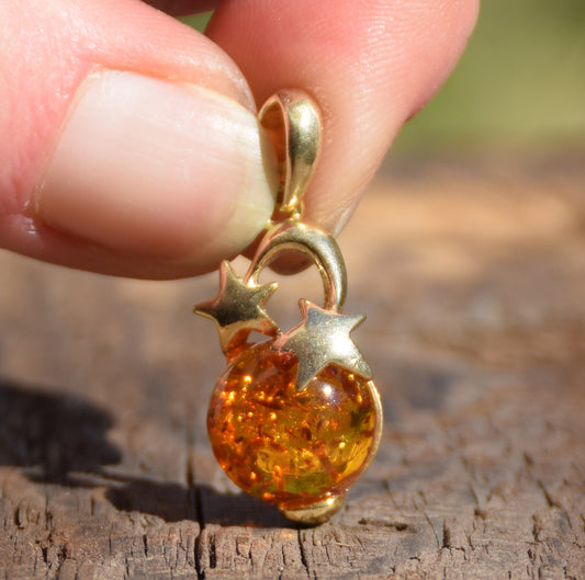 Cognac natural Amber and 18k Gold-plated 925 Sterling Silver moon and stars pendant, MJ Baltica, BZW074