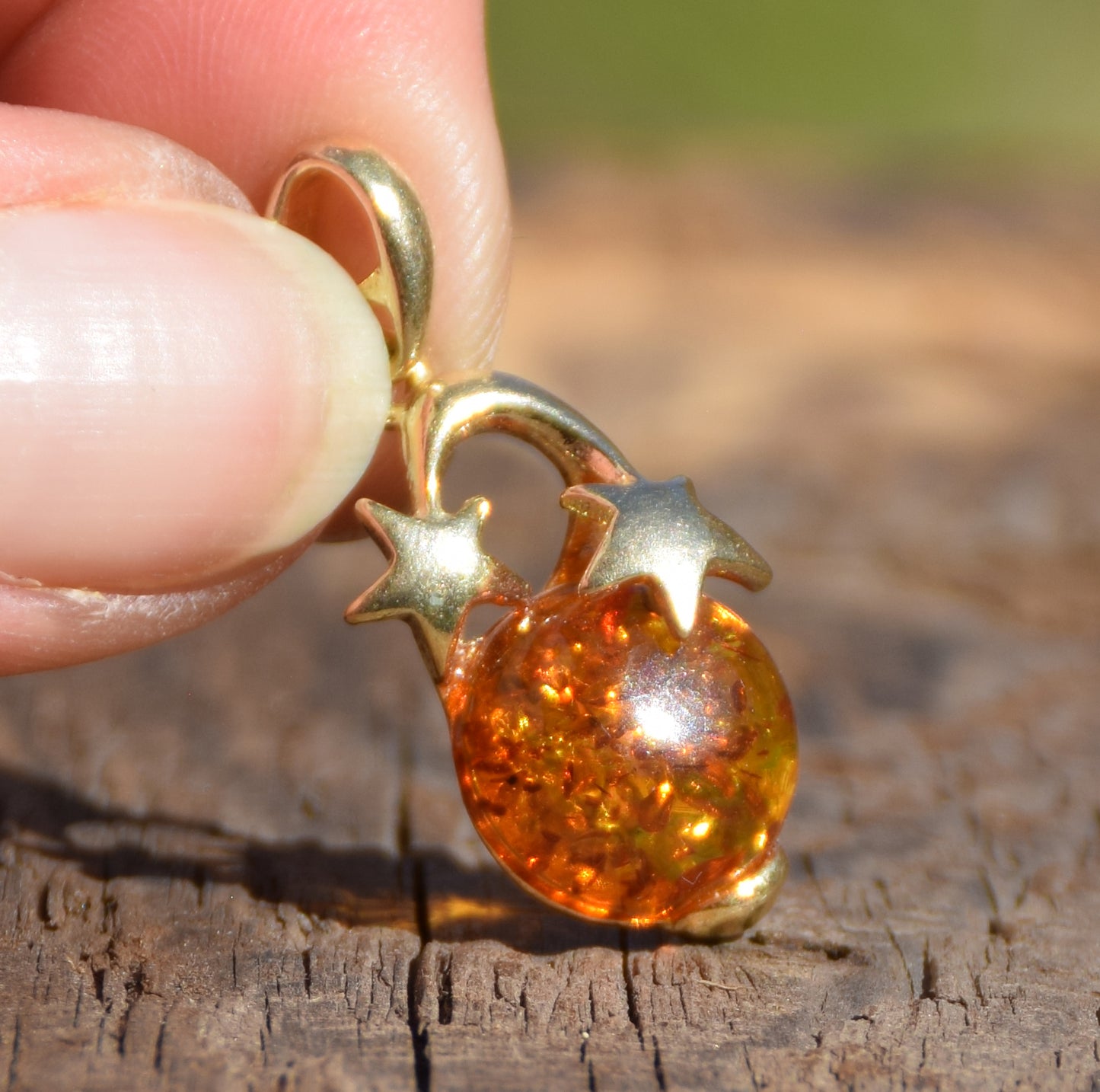 Cognac natural Amber and 18k Gold-plated 925 Sterling Silver moon and stars pendant, MJ Baltica, BZW074