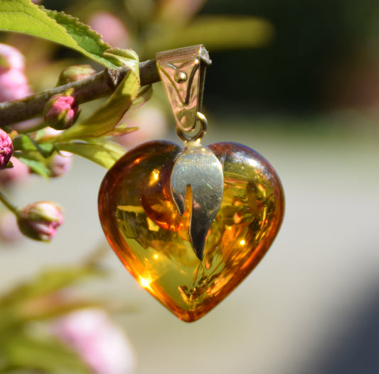 MJ Baltica, ciondolo grande Cuore, Ambra naturale, Argento, placcato Oro 18k, cuore, fiamma, BZW075