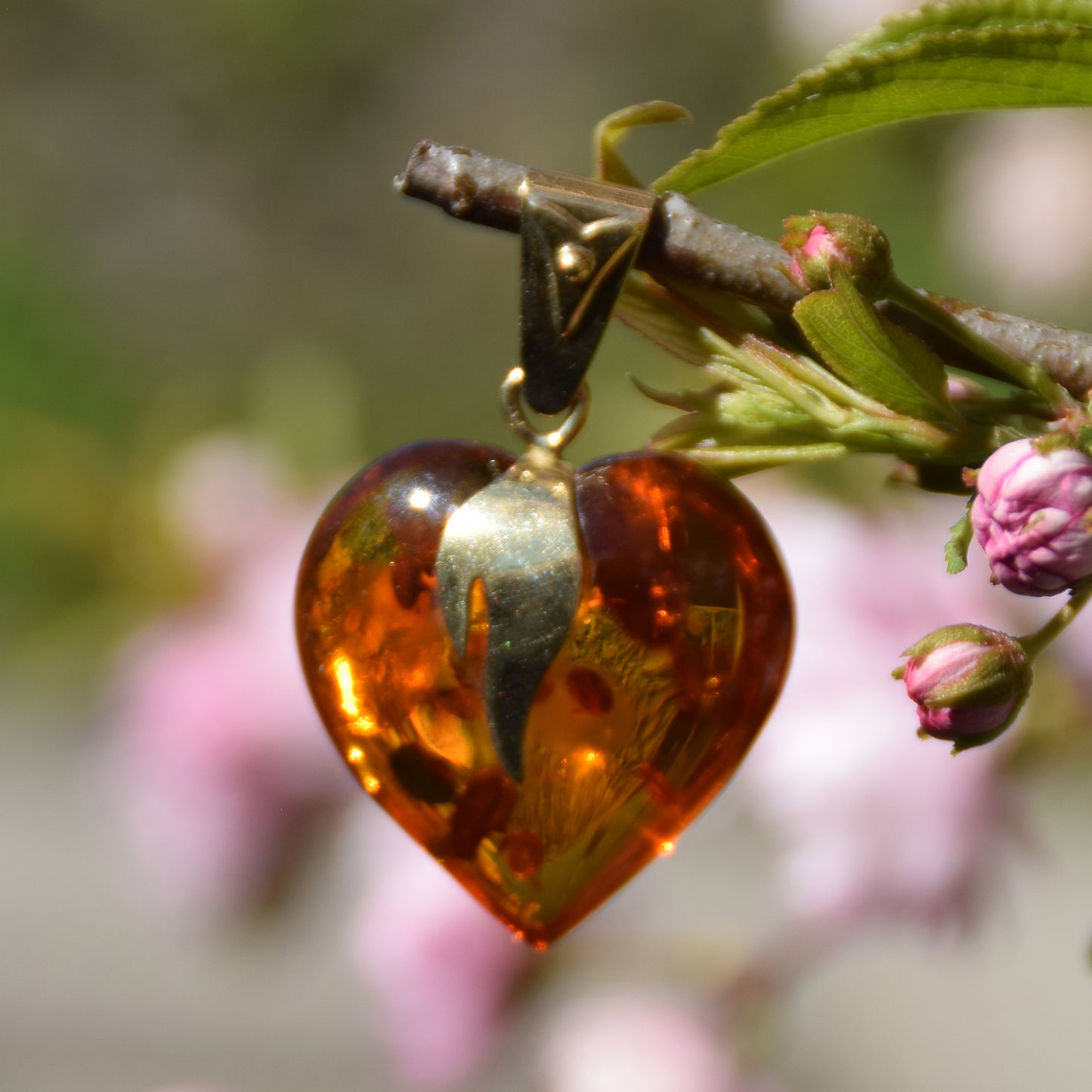 MJ Baltica, ciondolo grande Cuore, Ambra naturale, Argento, placcato Oro 18k, cuore, fiamma, BZW075