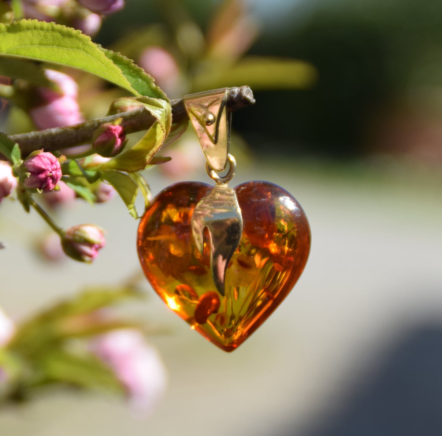 MJ Baltica, ciondolo grande Cuore, Ambra naturale, Argento, placcato Oro 18k, cuore, fiamma, BZW075