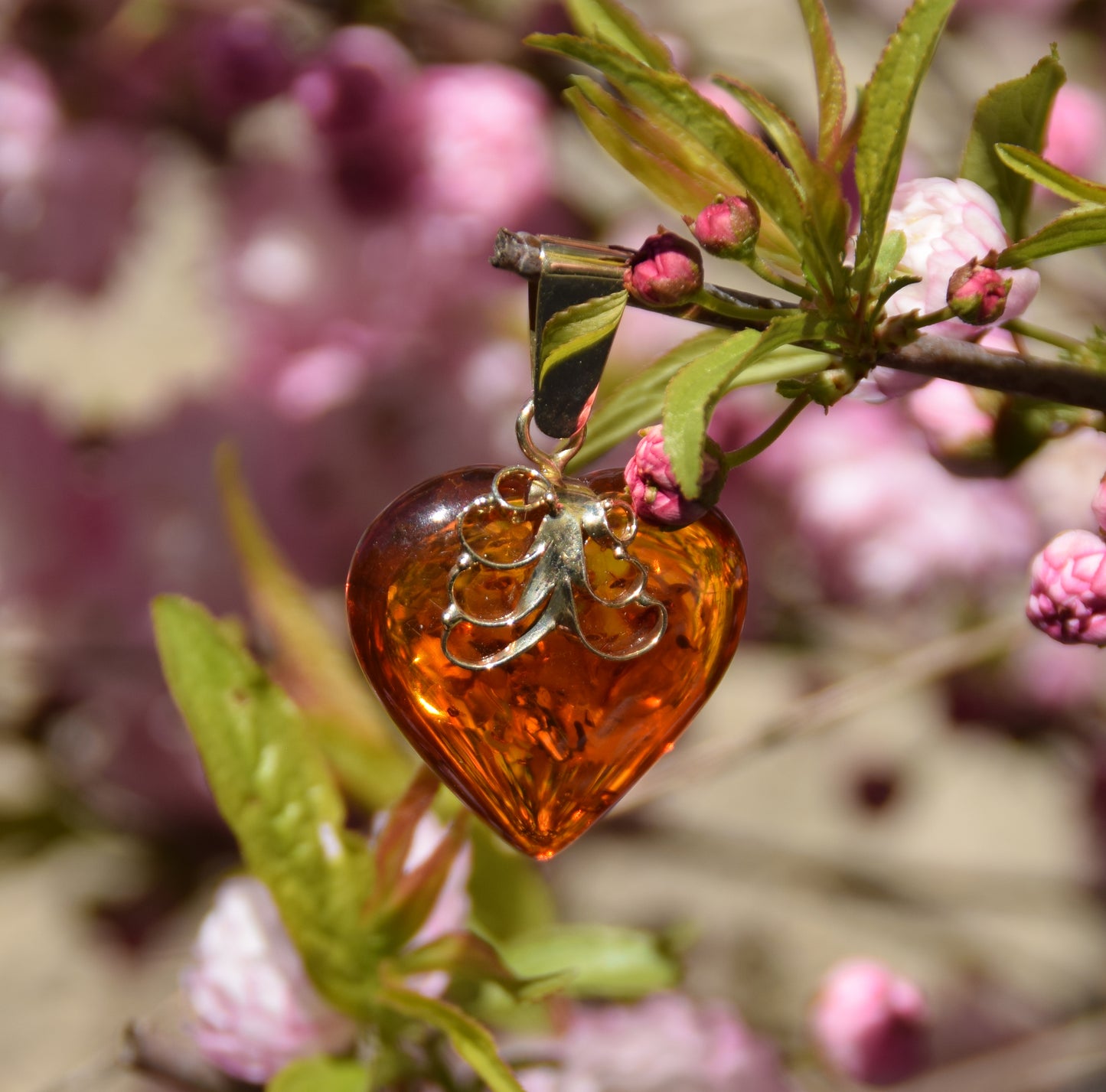 MJ Baltica, ciondolo grande Cuore, Ambra naturale, Argento, placcato Oro 18k, filigrana, BZW077