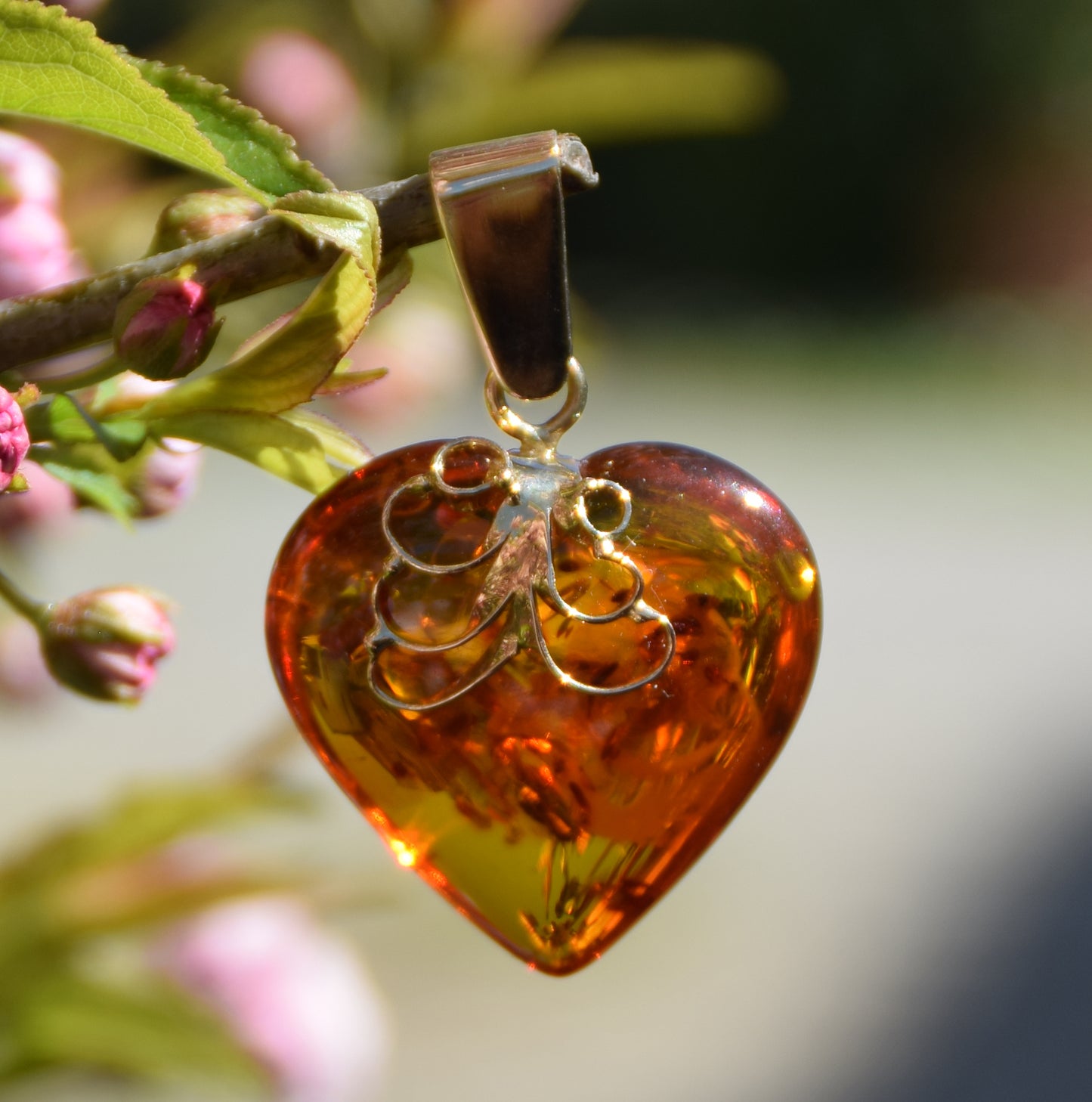 MJ Baltica, ciondolo grande Cuore, Ambra naturale, Argento, placcato Oro 18k, filigrana, BZW077