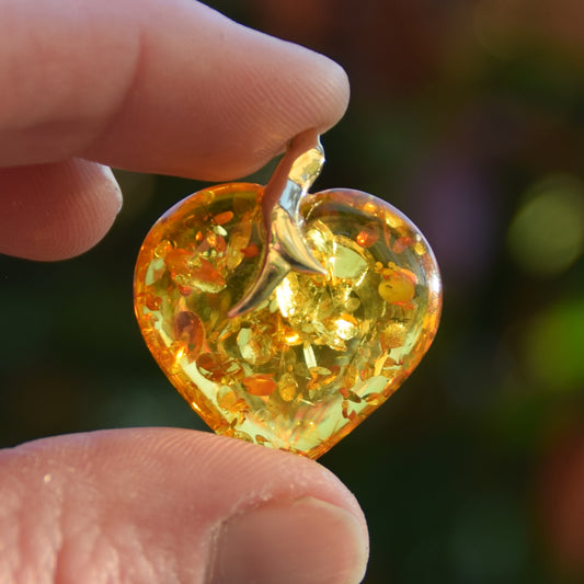 MJ Baltica, ciondolo grande Cuore, Ambra naturale, Argento, placcato Oro 18k, cuore, luminoso, BZW082