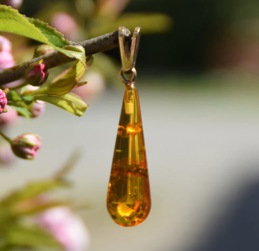 MJ Baltica, ciondolo, Ambra naturale Baltica, Argento 925, Placcato in Oro 18k, artigianale, goccia, sfaccettata, BZW086
