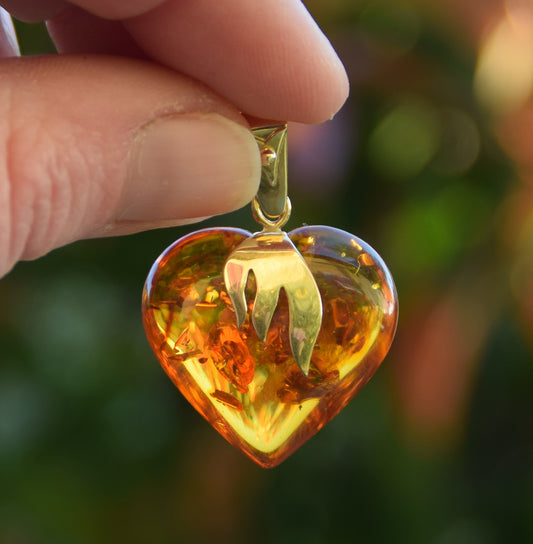 MJ Baltica, ciondolo grande Cuore, Ambra naturale, Argento, placcato Oro 18k, cuore, fiamma, BZW091