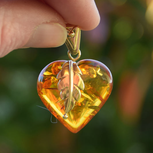 MJ Baltica, ciondolo grande Cuore, Ambra naturale, Argento, placcato Oro 18k, cuore, fiamma, BZW093
