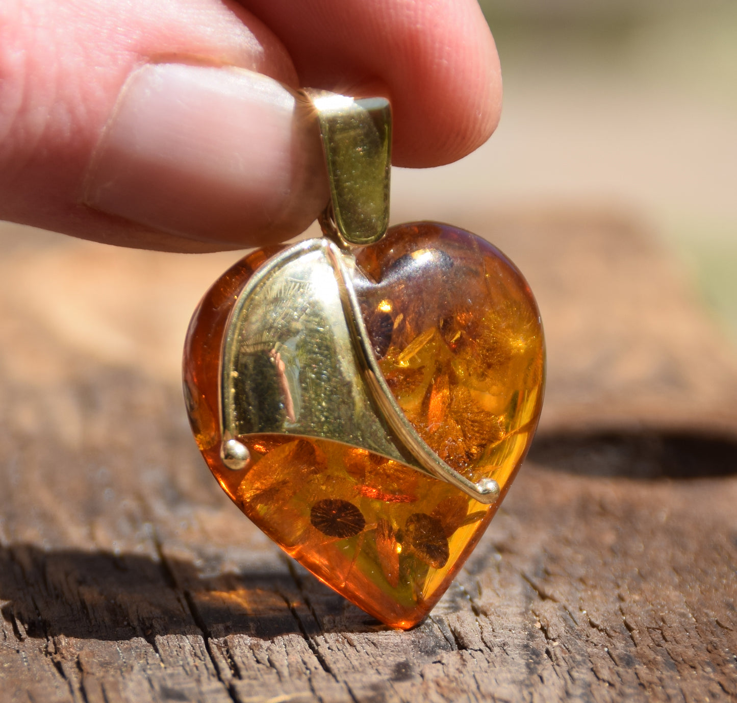 Large Heart Pendant in Natural Amber and 18k Gold Plated Sterling Silver, MJ Baltica, BZW099