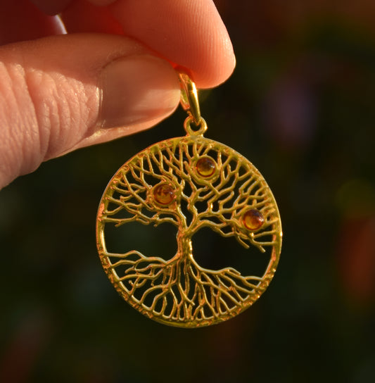 MJ Baltica, ciondolo, Ambra naturale Baltica, Argento 925, Placcato in Oro 18k, elegante, artigianale, albero della vita, BZW101