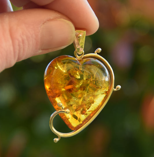 MJ Baltica, ciondolo grande Cuore, Ambra naturale, Argento, placcato Oro 18k, cuore, BZW102