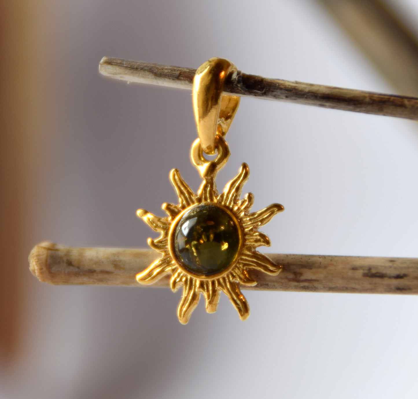 Delicate sun pendant with natural green Amber in 18k Gold plated Silver, MJ Baltica, BZW109