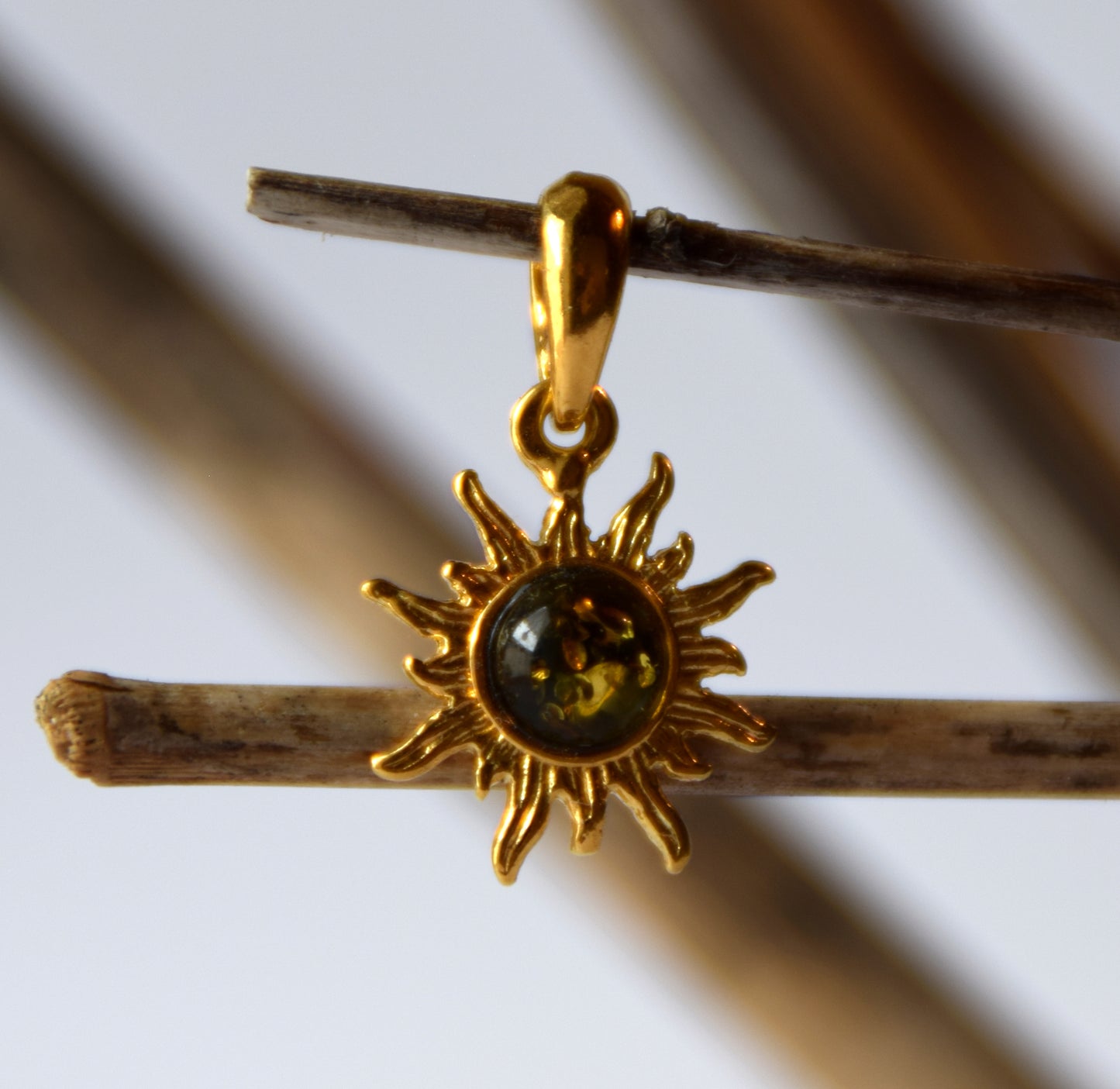 Delicate sun pendant with natural green Amber in 18k Gold plated Silver, MJ Baltica, BZW109