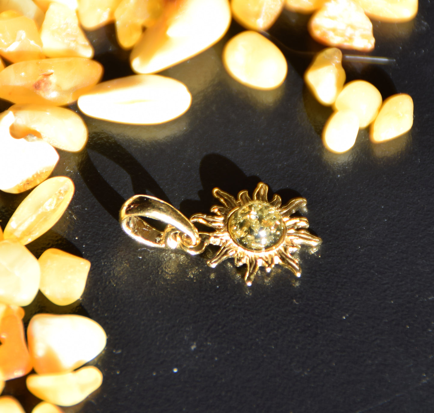 Delicate sun pendant with natural green Amber in 18k Gold plated Silver, MJ Baltica, BZW109