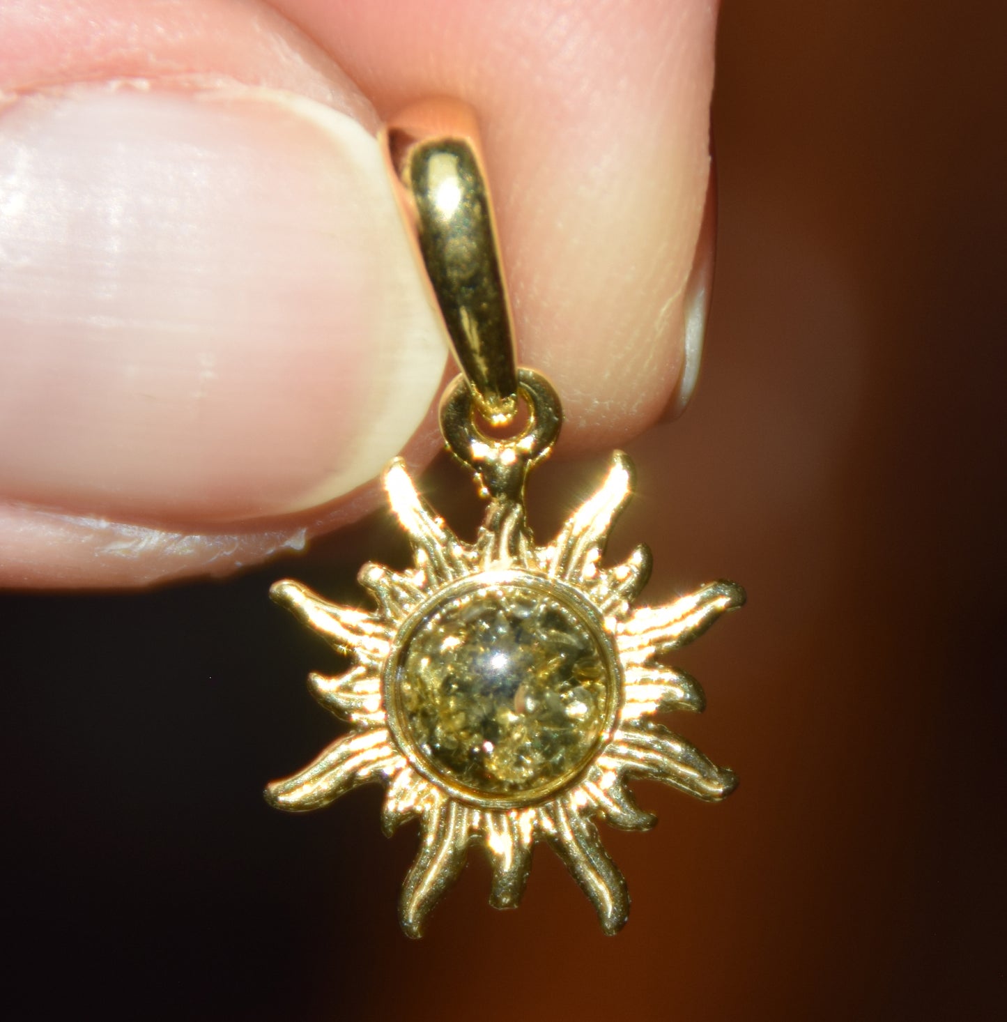 Delicate sun pendant with natural green Amber in 18k Gold plated Silver, MJ Baltica, BZW109