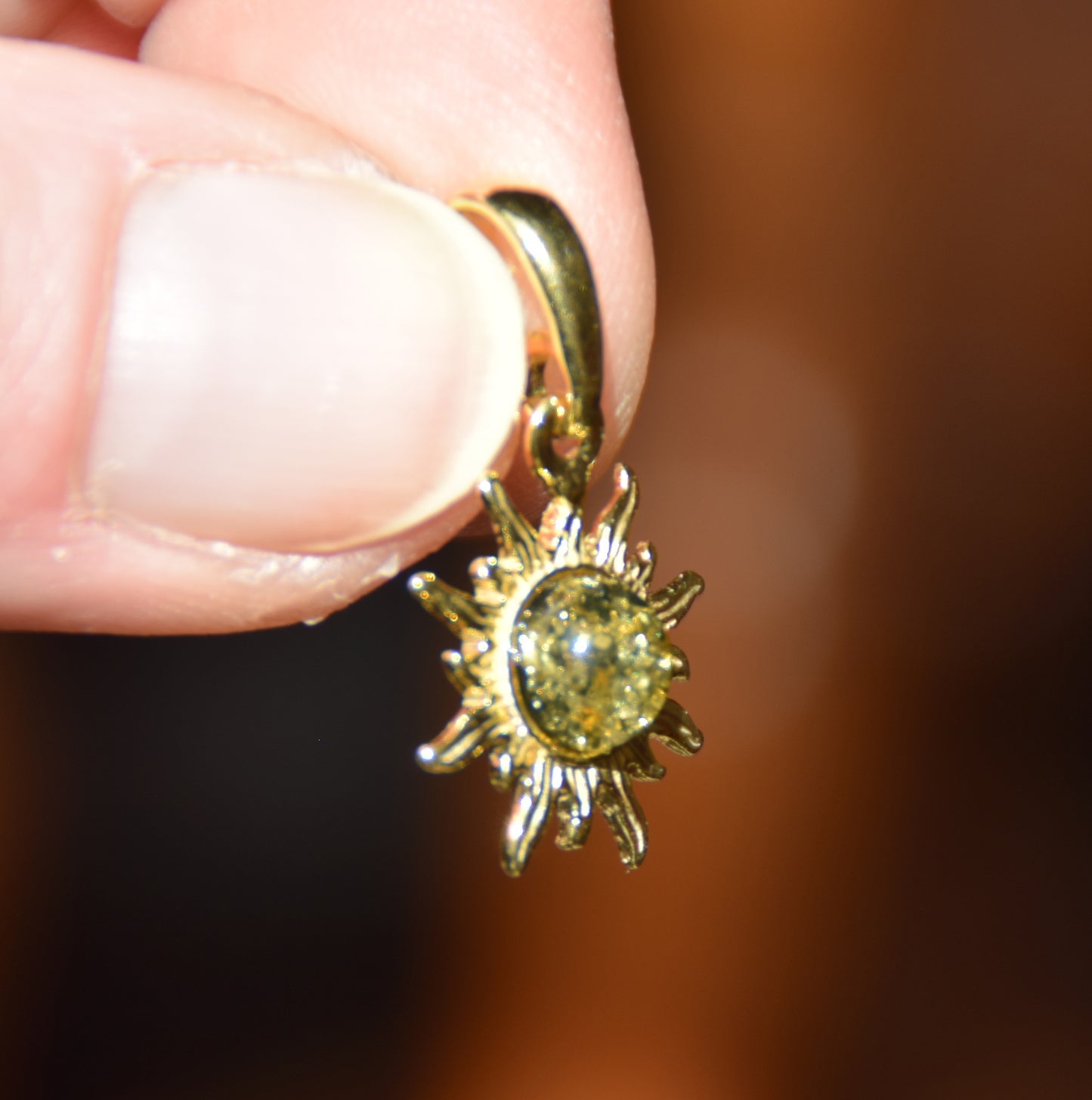 Delicate sun pendant with natural green Amber in 18k Gold plated Silver, MJ Baltica, BZW109