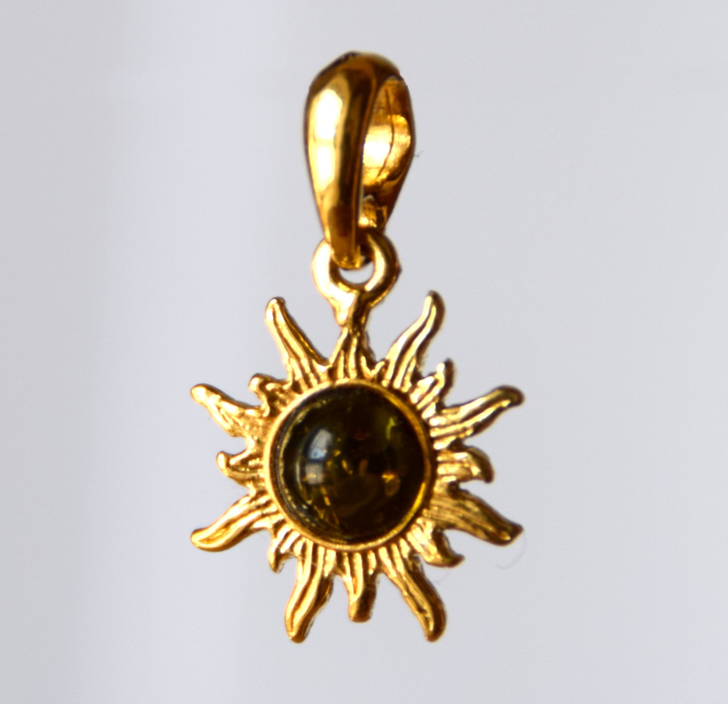 Delicate sun pendant with natural green Amber in 18k Gold plated Silver, MJ Baltica, BZW109