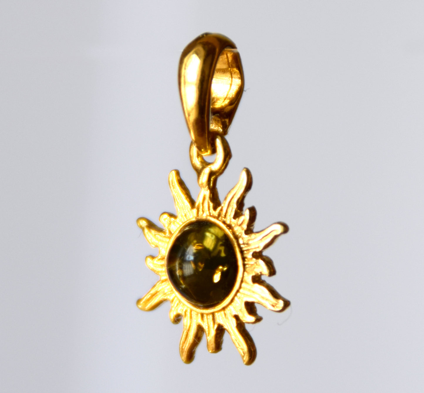 Delicate sun pendant with natural green Amber in 18k Gold plated Silver, MJ Baltica, BZW109