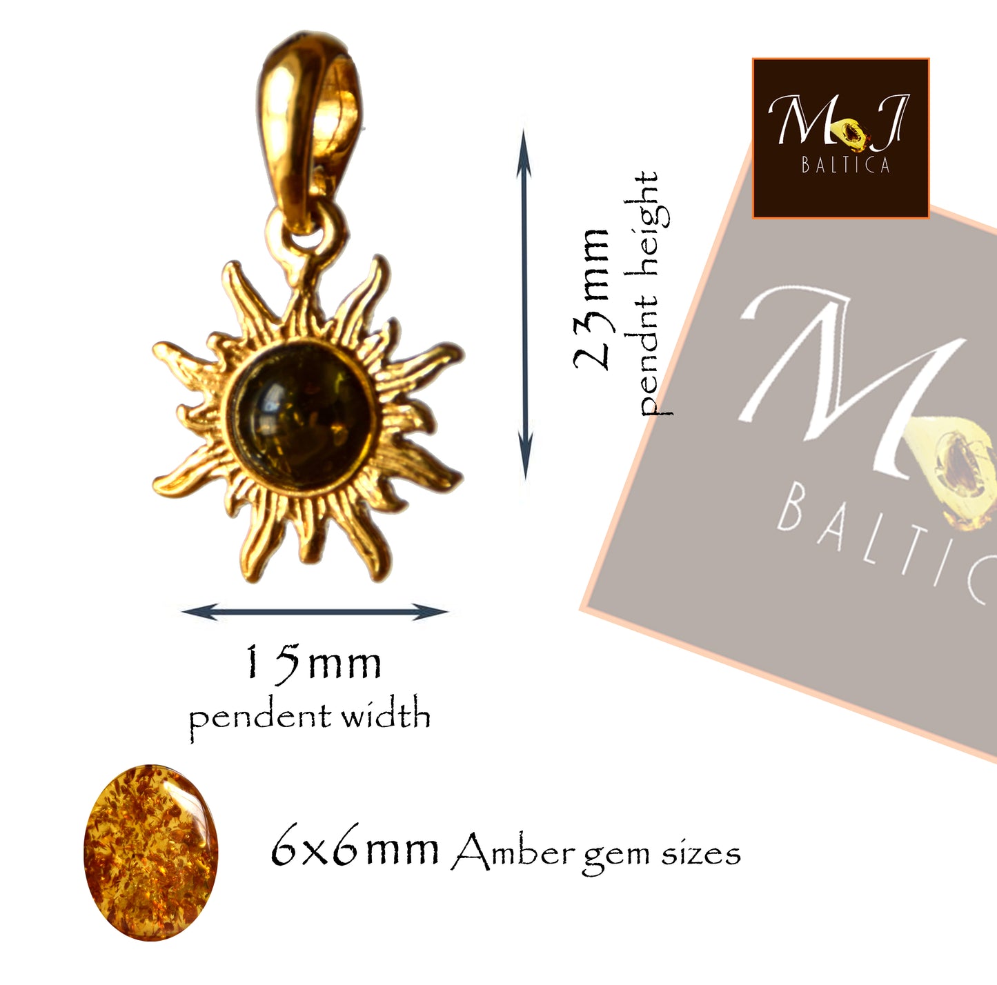 Delicate sun pendant with natural green Amber in 18k Gold plated Silver, MJ Baltica, BZW109