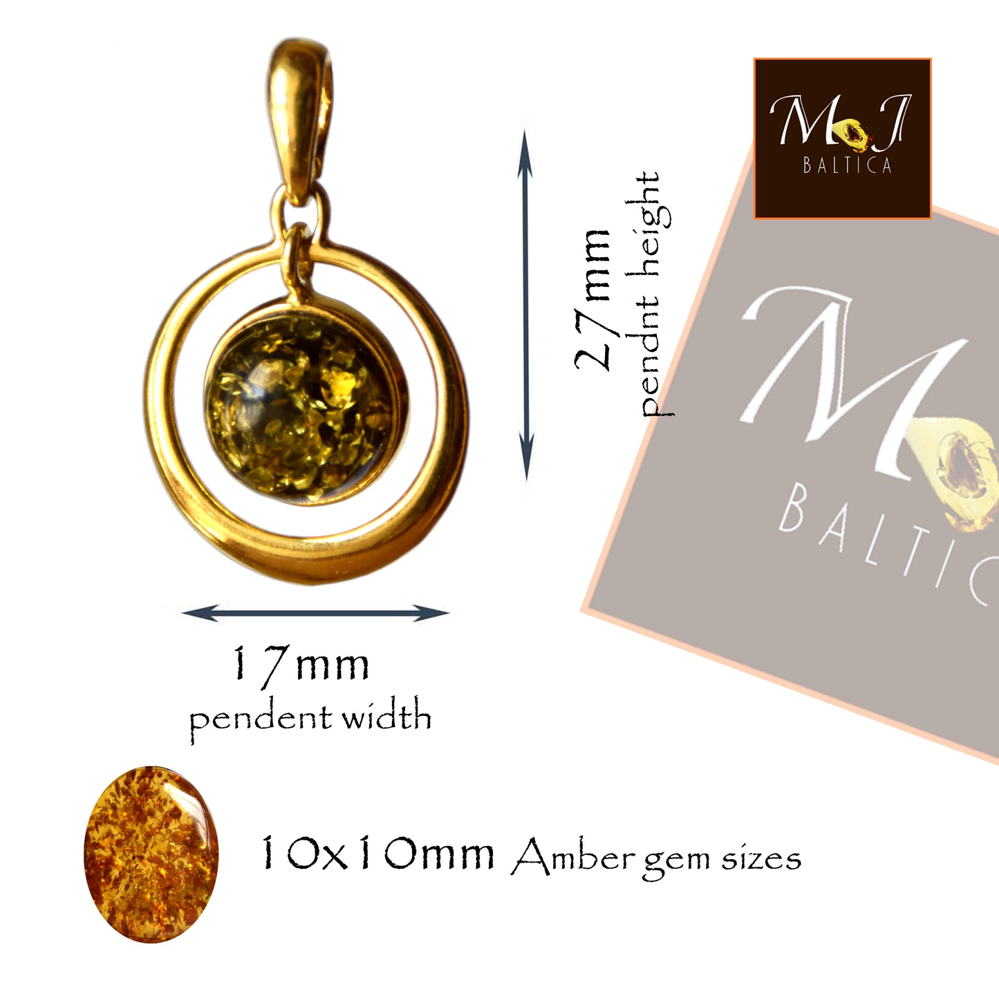 Ciondolo rotondo con Ambra naturale color verde e Argento 925 placcato in Oro 18 carati, MJ Baltica, BZW115