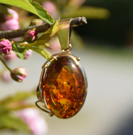 MJ Baltica, ciondolo, Ambra naturale, Argento, placcato Oro 18k, artigianale, ovale, vintage, luminoso, BZW122
