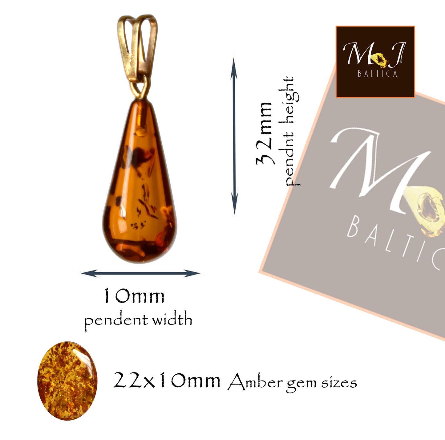 MJ Baltica, pendant, natural Amber, Silver, Gold plated, handcrafted, drop, luminous, BZW124