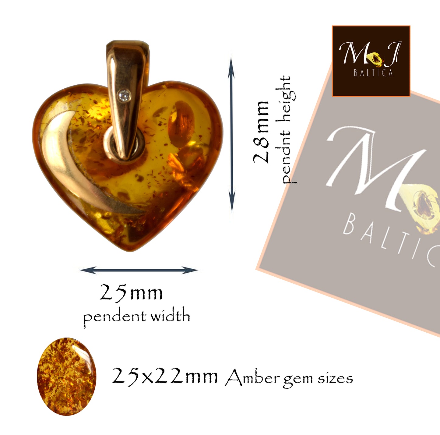 MJ Baltica, pendant, natural Amber, Silver, Gold plated, handcrafted, heart, moon, luminous, BZW125