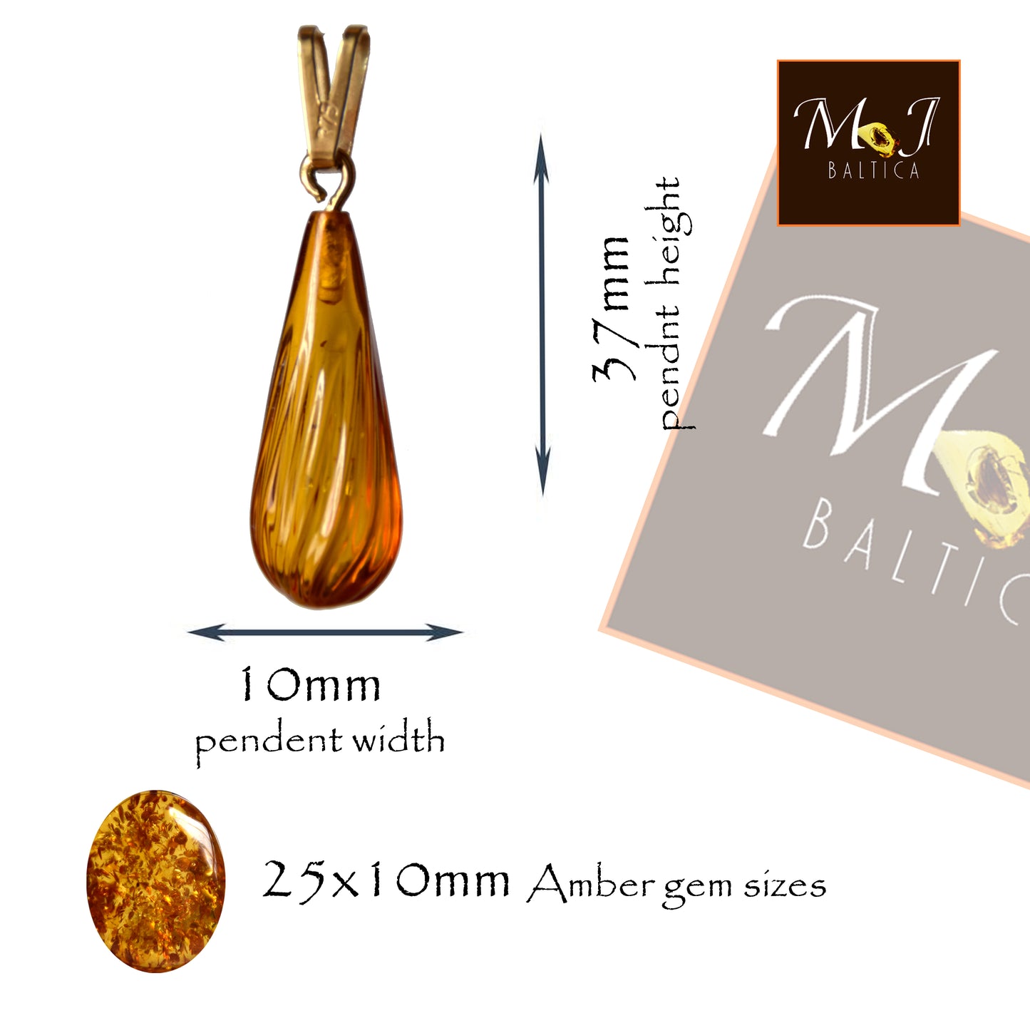 MJ Baltica, ciondolo, Ambra naturale, Argento, placcato Oro, artigianale, goccia, luminoso, BZW126