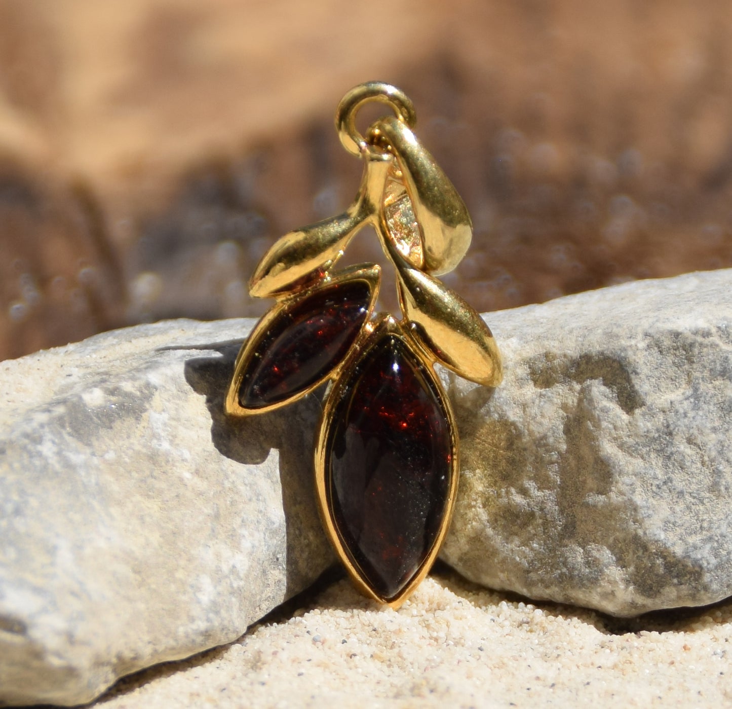 Delicate pendant with dark brown natural Amber leaves and 18k Gold plated Silver, MJ Baltica, BZW128