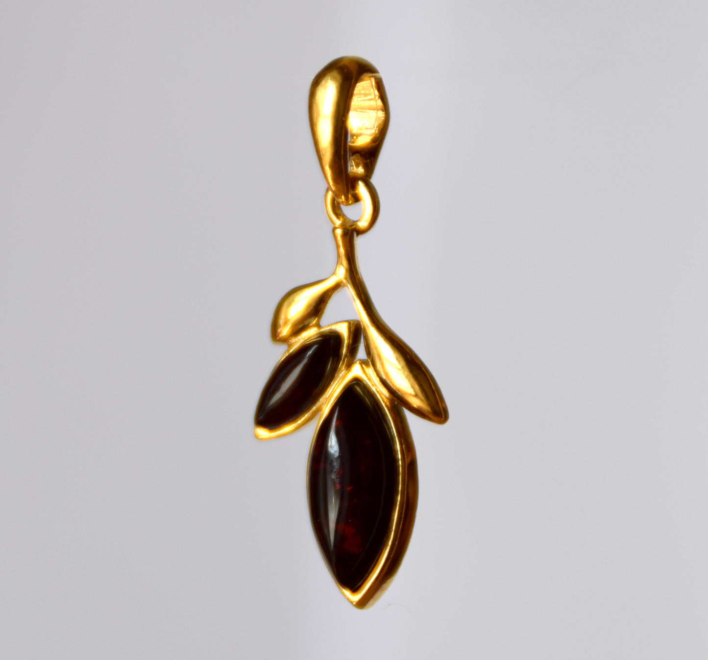 MJ Baltica, pendant, natural Amber, Silver, Gold plated, handcrafted, leaves, dark brown amber, BZW128