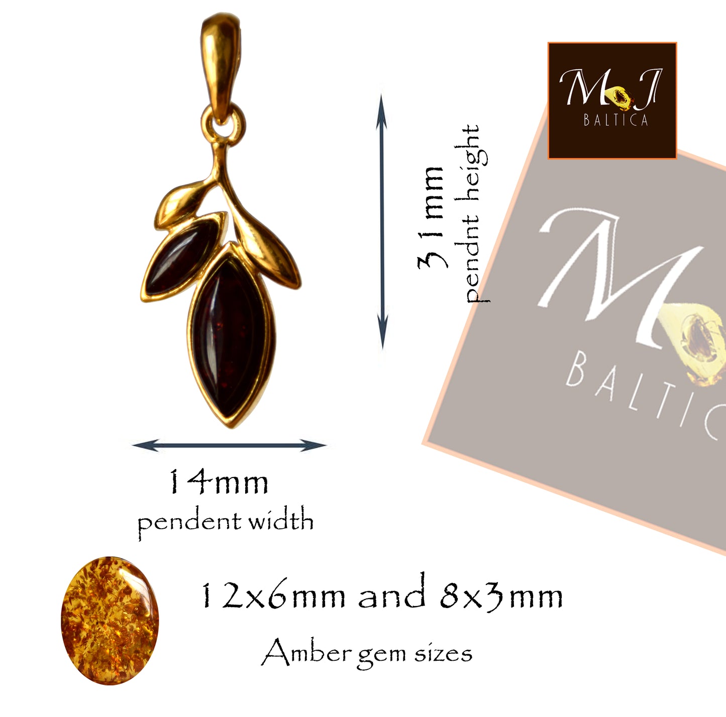 MJ Baltica, pendant, natural Amber, Silver, Gold plated, handcrafted, leaves, dark brown amber, BZW128